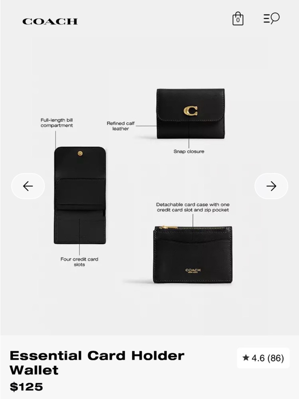 Coach Black Leather Essential Card Holder with Detachable Zip Case